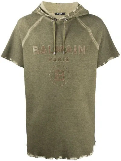 Balmain Logo Print Hooded T-shirt In Green