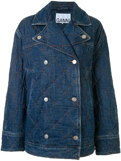 Ganni Quilted Double-breasted Jacket In Blue