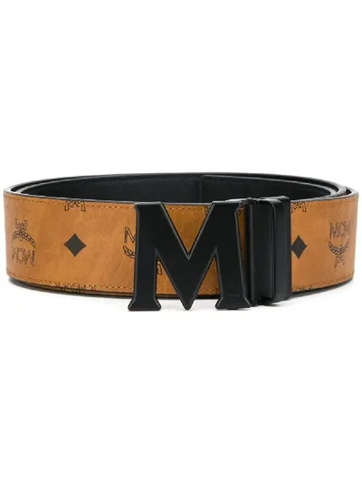 Mcm Claus Maxi Visetos-print Reversible Belt In Cognac