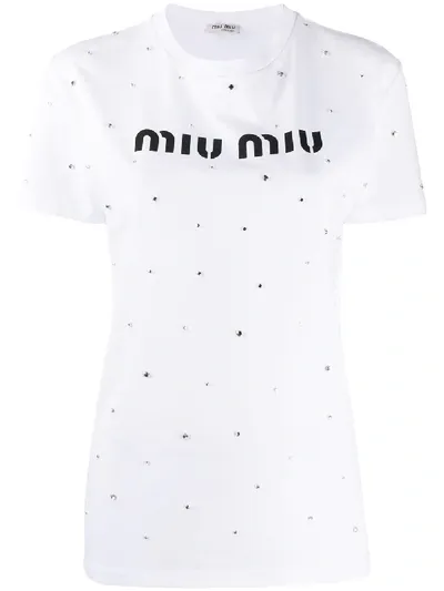 Miu Miu Crystal Detailed Logo Print T-shirt In Weiss