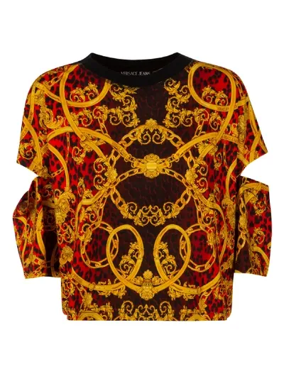 Versace Jeans Couture Baroque-print Cut-out Top In Gold/red/black