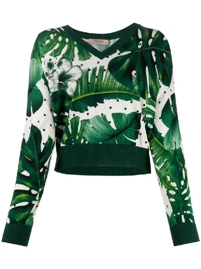 Twinset Studded Sleeve Botanical Print Jumper In Green