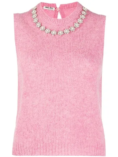 Miu Miu Embellished-neck Sleeveless Wool Knit Top In Rosa