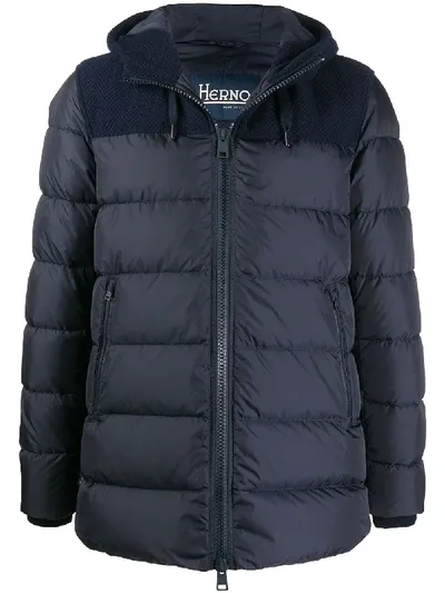 Herno Herringbone-panel Puffer Jacket In Blue