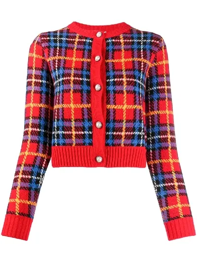 Miu Miu Check-pattern Round-neck Cardigan In Rot