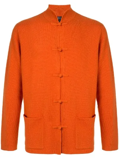 Shanghai Tang Frog Button Double Pocket Cardigan In Orange