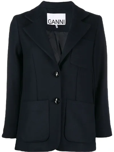 Ganni Patch-pocket Single-breasted Blazer In Blue