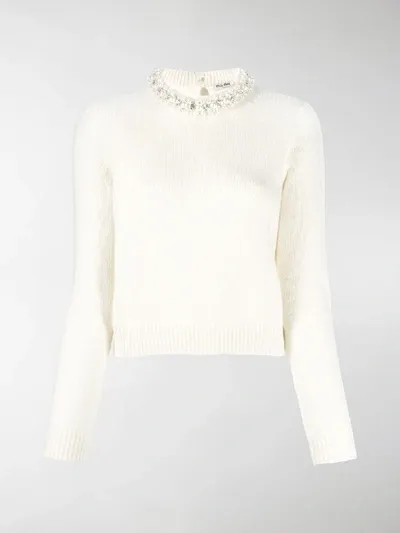 Miu Miu Pearl-embellished Cropped Jumper In Weiss