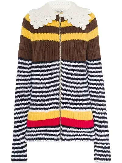 Miu Miu Striped Zip-up Cardigan In Brown