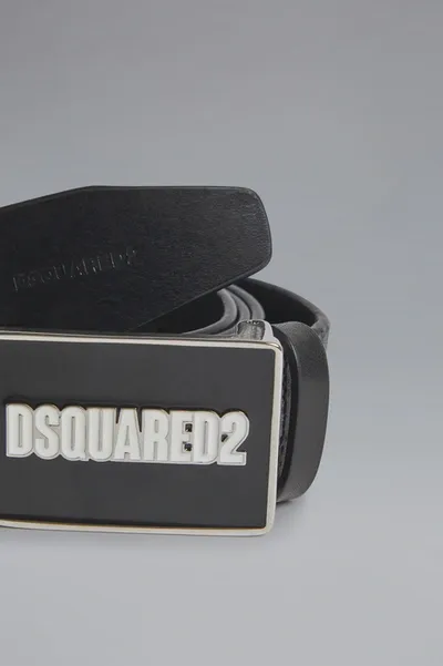 Dsquared2 Metal Logo Plaque Leather Belt In Black