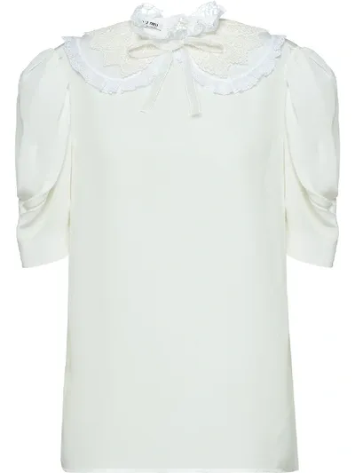 Miu Miu Macrame Lace Ruffle Short-sleeve Bow Shirt In White