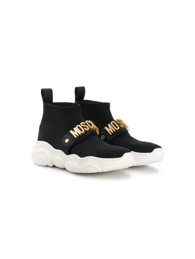 Moschino Kids' Logoed Leather Strap Knit Sock Sneakers In Black