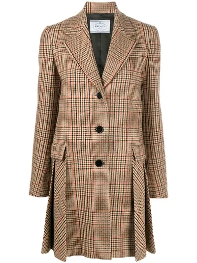 Prada Check Pattern Pleat Detailed Coat In Brown