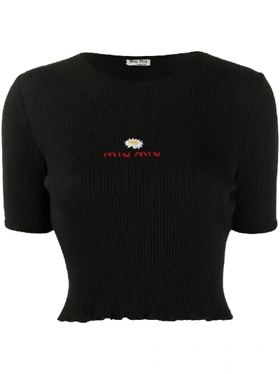 Miu Miu Logo-embroidered Ribbed Top In Schwarz