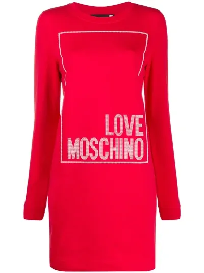 Love Moschino Jewelled Logo Print Sweater Dress In Red