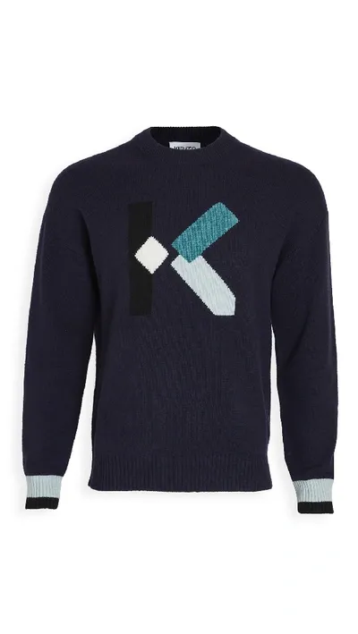 Kenzo Monogram Crew Neck Jumper In Navy Blue