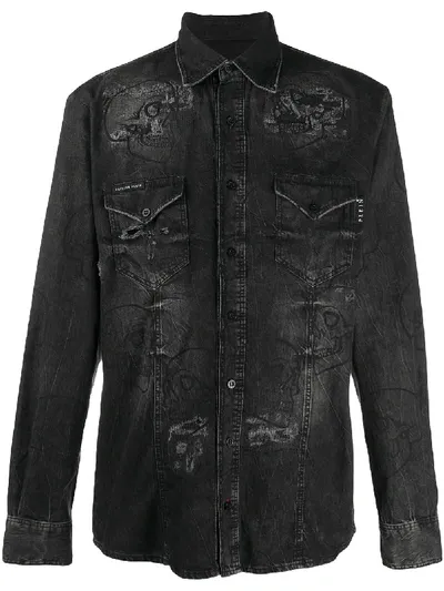 Philipp Plein Skull Print Denim Shirt In Black