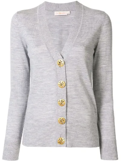 Tory Burch V-neck Contrast Button Cardigan In Grey