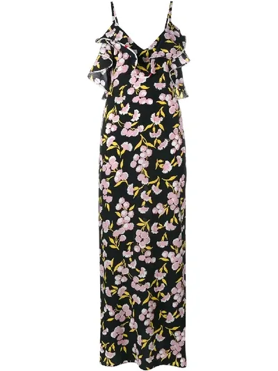 Marni Floral Print Silk Long Dress In Black