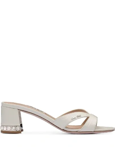 Miu Miu Crocodile-effect Rhinestone Block Heel Mules In White