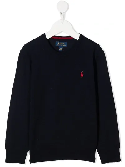 Ralph Lauren Kids' Embroidered Logo Crewneck Jumper In Blue