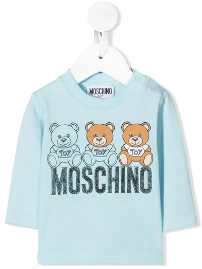 Moschino Babies' Triple Teddybear Logo Print Top In Blue