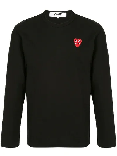 Comme Des Garçons Play Double Red Heart Long Sleeved T-shirt In Blac In Black