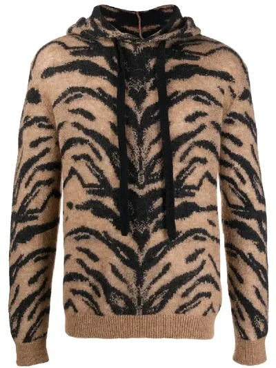 Laneus Tiger Jacquard Hooded Sweater In Brown