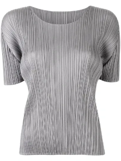 Issey Miyake Pleated Round Neck Top In Grey