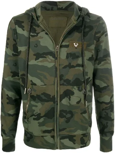 True Religion Camouflage Print Logo Zip Hoodie In Green