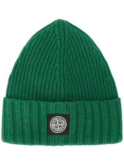 Stone Island Junior Kids' Gerippte Beanie Mit Logo-patch In Green