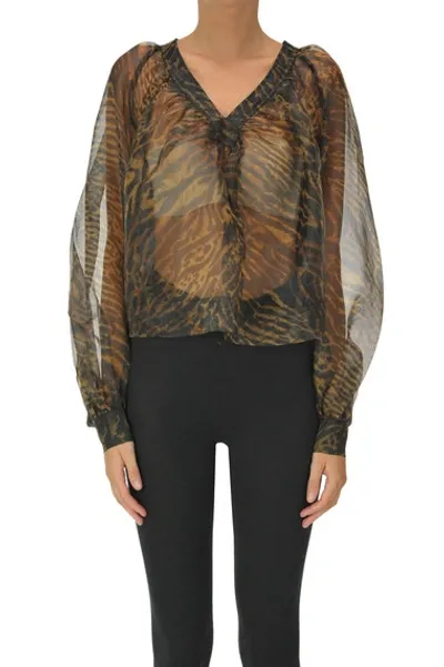 Ganni Animal Print Organza Blouse In Multi