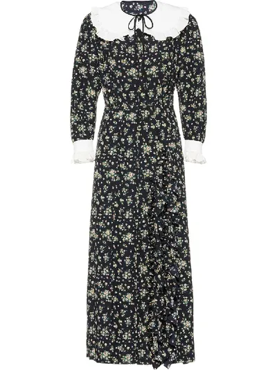 Miu Miu Embroidered Collar Floral Print Dress In Black