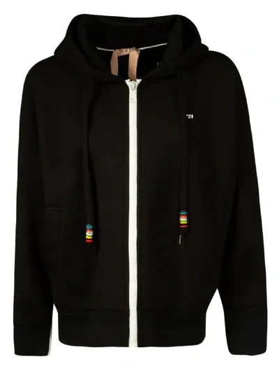 N°21 Zip Hoodie With Beaded Drawstring Hood In Black