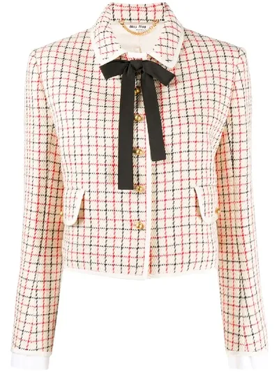 Miu Miu Pussybow Checked Blazer In Nude