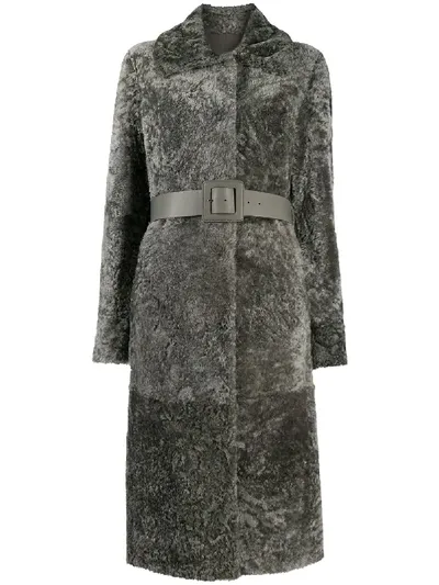 Drome Belted Shearling Coat In Grey