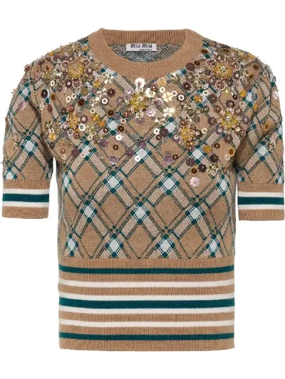 Miu Miu Bead-embellished Wool Top In Brown