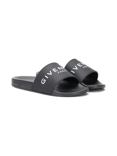 Givenchy Kids' Logo Print Sliders In Black