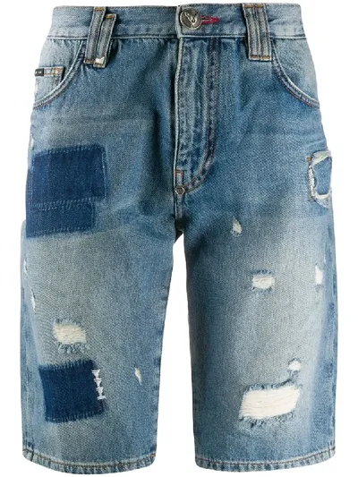 Philipp Plein Skull On Fire Denim Bermudas In Blue