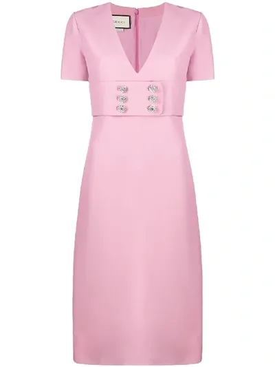 Gucci Rhinestone Button V-neck Dress In Pink