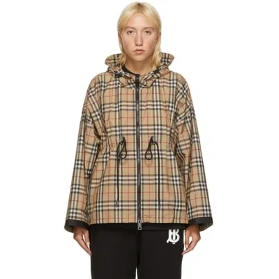 Burberry Logo Tape Vintage Check Hooded Jacket In Beige