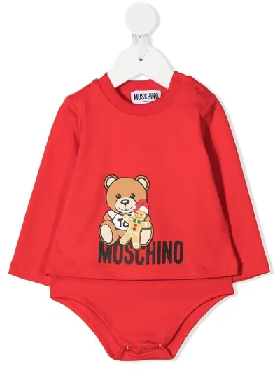 Moschino Babies' Logo Teddy Print Bodysuit In Red