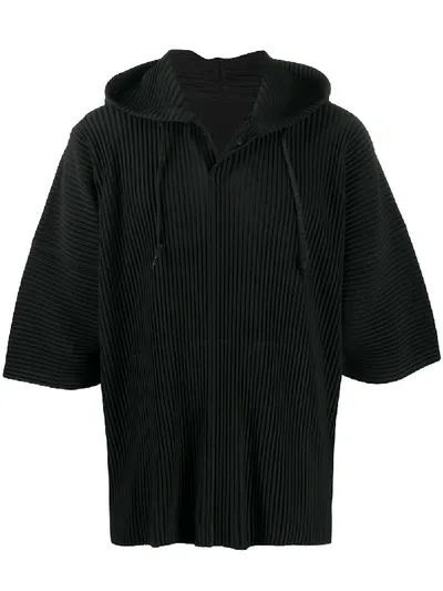 Issey Miyake Short-sleeved Pleat Detail Hoodie In Black