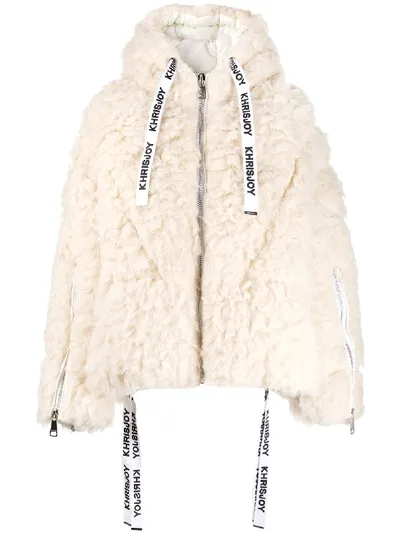 Khrisjoy Logo Drawstring Shearling Jacket In White