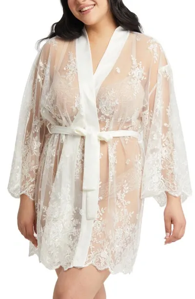 Rya Collection Plus Size Short Embroidered Lace Sheer Robe In Pearl