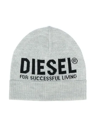 Diesel Kids' Knitted Logo Beanie In Grey