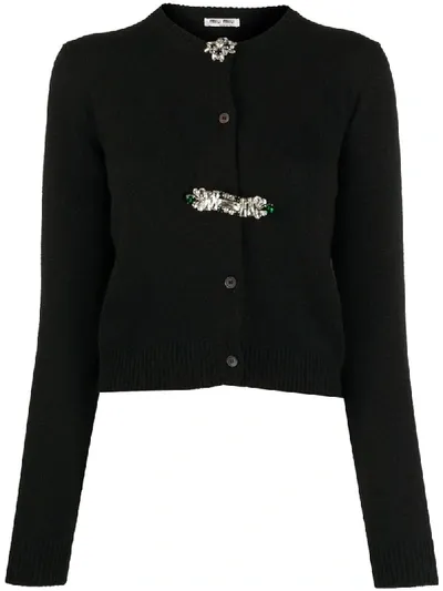 Miu Miu Embellished Cashmere Cardigan In Black