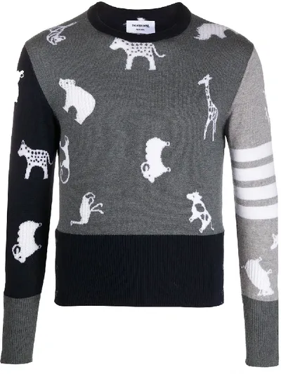 Thom Browne Fun-mix Multi-animal Jacquard-woven Jumper In Grey