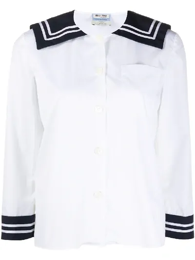 Miu Miu Striped Flap Collar Shirt In Weiss