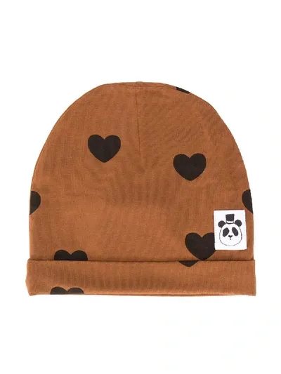 Mini Rodini Babies' Heart-print Knitted Beanie In Brown